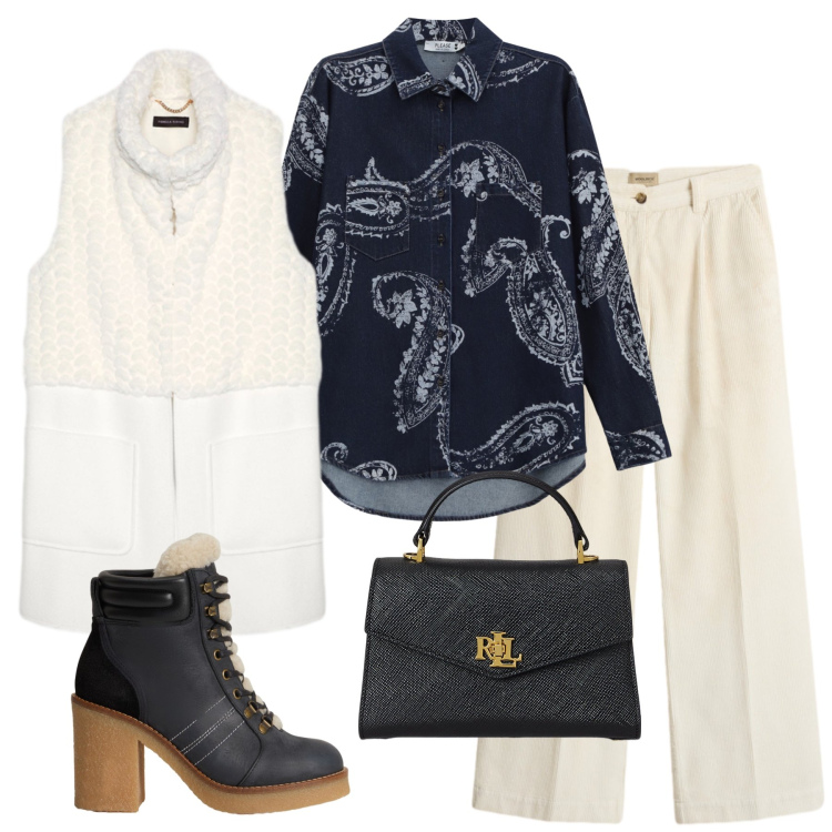 Outfit donna - Total look #2281204. Stile Casual per Tutti i giorni. Abbinamento con camicie, borse a mano, pantaloni, stivaletti, gilet.