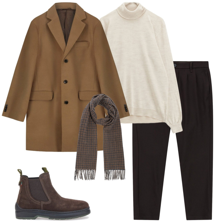 Outfit uomo - Coffee time. Stile Trendy per Tutti i giorni. Abbinamento con pantaloni, maglieria, cappotti, stivali e stivaletti, sciarpe.