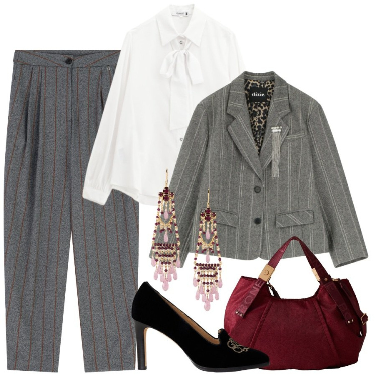 Outfit donna - Lines of Style. Stile Mannish per Ufficio. Abbinamento con camicie, borse a mano, pantaloni, blazer, orecchini, décolleté.