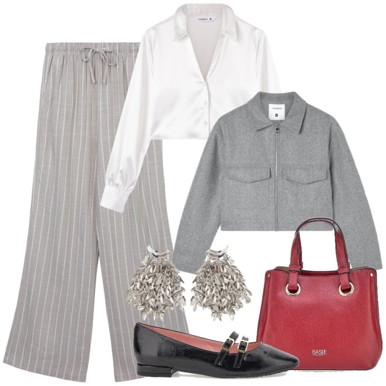 Outfit donna - Lines of Style. Stile Mannish per Ufficio. Abbinamento con pantaloni, blazer, camicie, orecchini, borse a mano, ballerine.