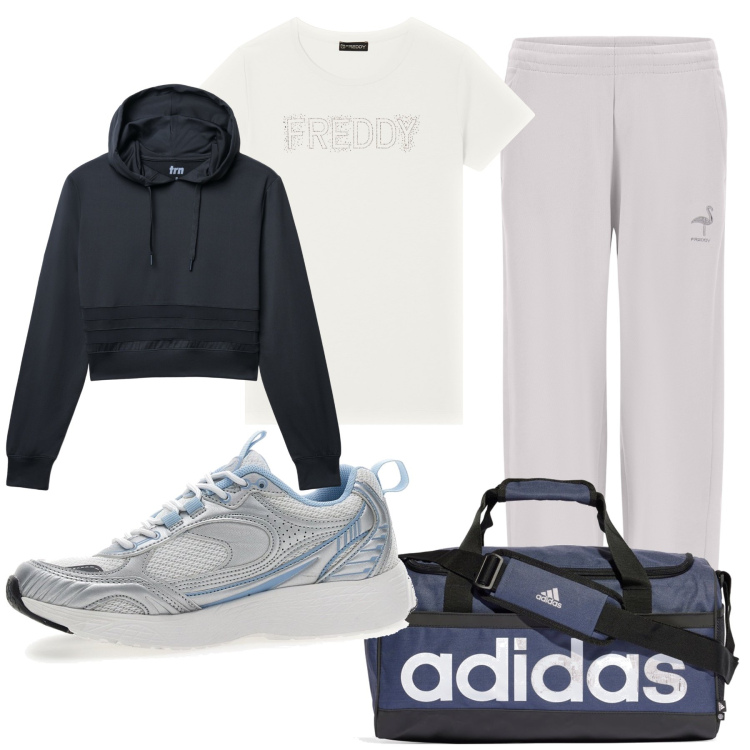 Outfit donna - Direzione palestra. Stile Basic per Sport. Abbinamento con felpe sportive, pantaloni, t-shirt, borse sportive, scarpe sportive.