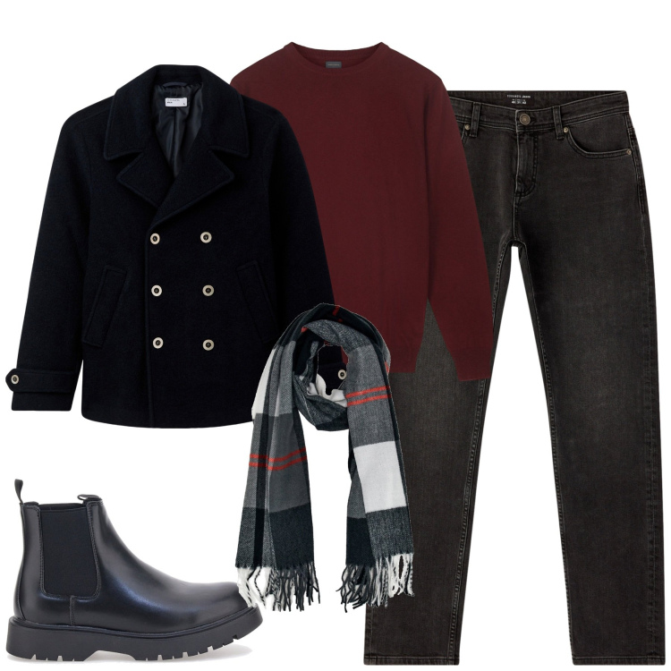 Outfit uomo - Aperitivo in piazza. Stile Casual per Tutti i giorni. Abbinamento con cappotti, jeans, stivali e stivaletti, sciarpe, maglieria.