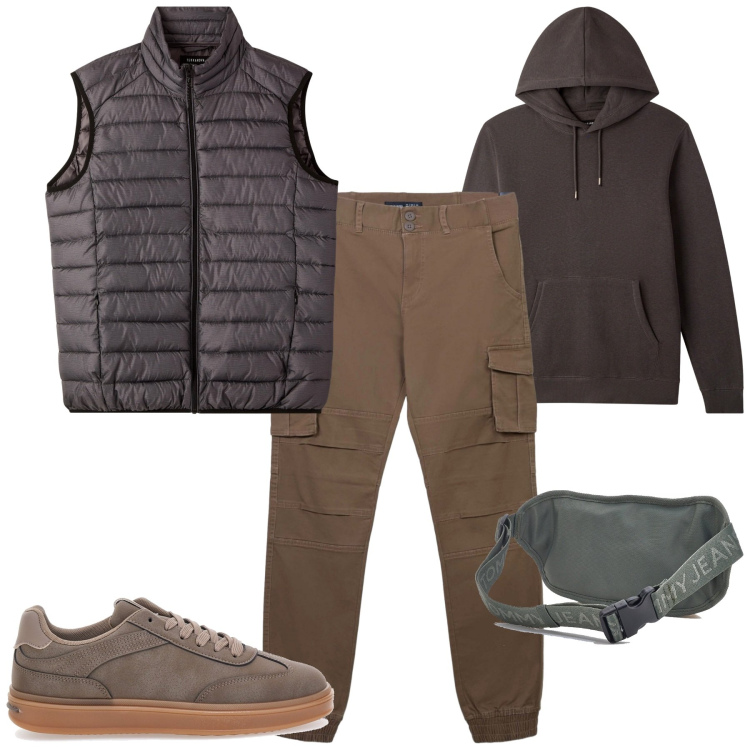 Outfit uomo - I cargo terranova. Stile Casual per Tutti i giorni. Abbinamento con pantaloni cargo, piumini, felpe con cappuccio, borse sportive, sneakers.