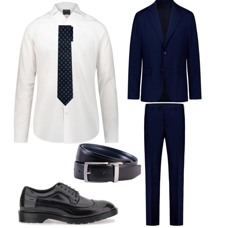 Outfit uomo - L\'abito blu. Stile Business/Elegante per Tutti i giorni. Abbinamento con abiti, scarpe stringate, camicie, cravatte, cinture.