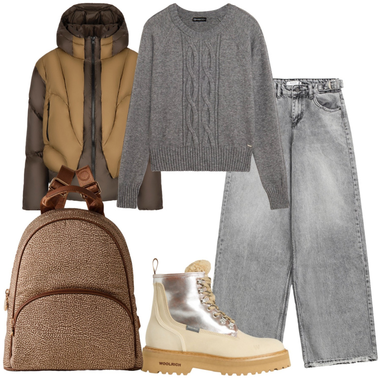 Outfit donna - Breve vacanza con zaino. Stile Sporty chic per Tutti i giorni. Abbinamento con jeans, zaini, maglieria, piumini, anfibi.