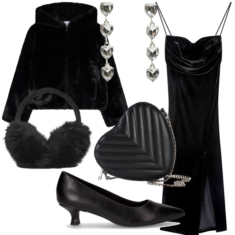 Outfit donna - Romantica pelosetta. Stile Glamour per Serata fuori. Abbinamento con borse a tracolla, orecchini, cappelli, vestiti lunghi, ecopellicce, décolleté.