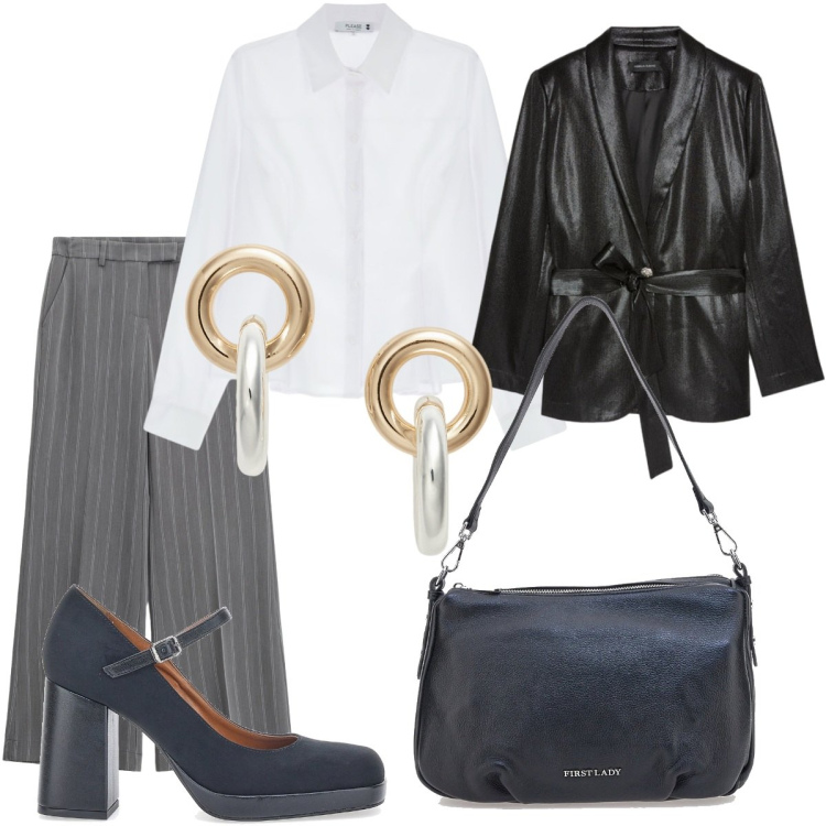 Outfit donna - I pantaloni gessati. Stile Casual chic per Ufficio. Abbinamento con camicie, pantaloni a palazzo, orecchini, décolleté, borse a spalla, blazer.