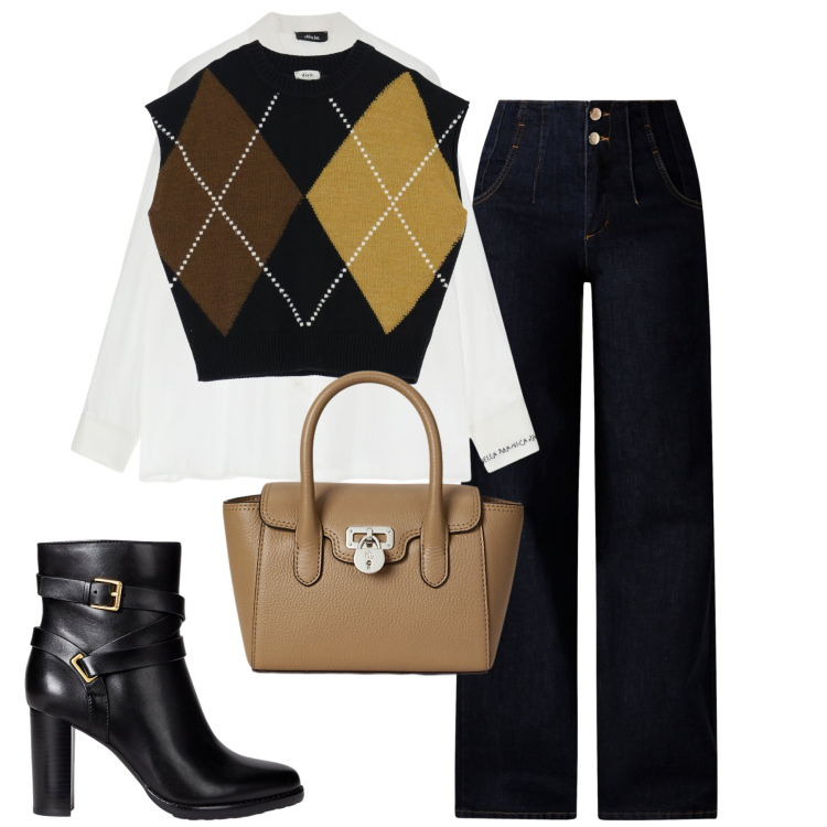 Outfit donna - Il gilet a losanghe. Stile Casual chic per Tutti i giorni. Abbinamento con jeans, camicie, gilet, stivaletti, borse a mano.