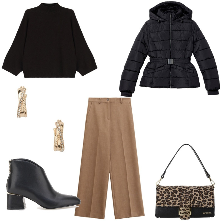 Outfit donna - Pantaloni in primo piano. Stile Casual chic per Tutti i giorni. Abbinamento con pantaloni, piumini, borse a spalla, maglieria, orecchini, stivaletti.