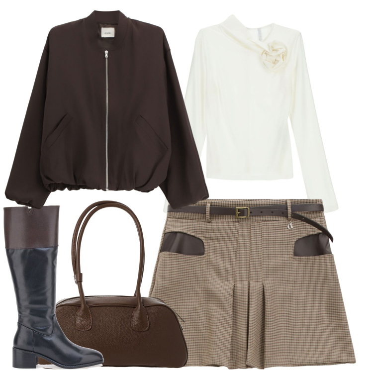 Outfit donna - City. Stile Urban per Tutti i giorni. Abbinamento con t-shirt, bomber, minigonne, borse a mano, stivali.