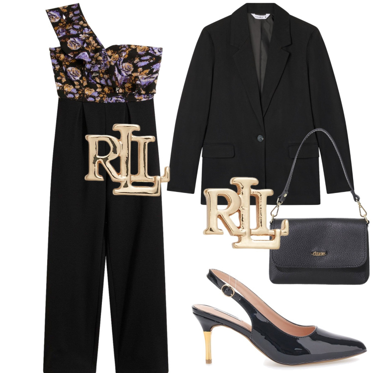 Outfit donna - Una signora in tuta. Stile Chic per Serata fuori. Abbinamento con tute, blazer, borse a tracolla, orecchini, décolleté.