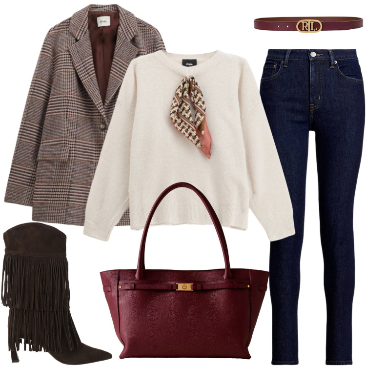 Outfit donna - Myself. Stile Casual chic per Tutti i giorni. Abbinamento con shopping bag, maglieria, stivali, blazer, cinture, jeans skinny.