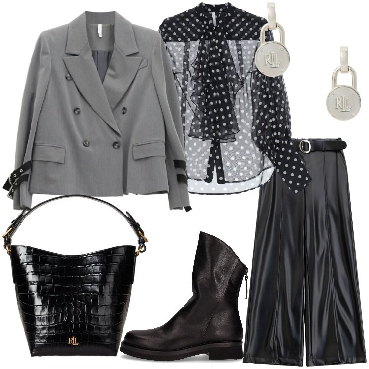 Outfit donna - Me, Myself & Style. Stile Urban per Serata fuori. Abbinamento con pantaloni, blazer, camicie, orecchini, borse a secchiello, stivaletti.