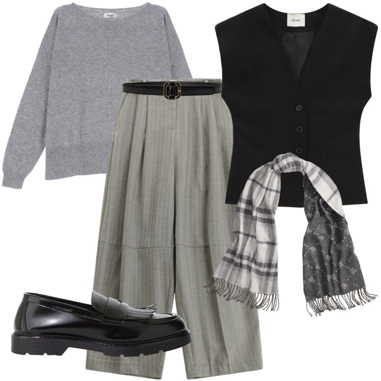 Outfit donna - Lines of style. Stile Casual chic per Tutti i giorni. Abbinamento con pantaloni, gilet, mocassini, maglieria, sciarpe, cinture.