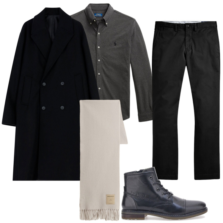 Outfit uomo - Senza Tempo. Stile Business/Elegante per Serata speciale. Abbinamento con cappotti, pantaloni, camicie, sciarpe, stivali e stivaletti.