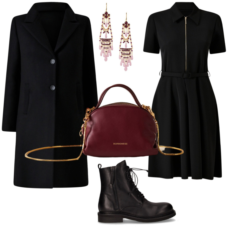 Outfit donna - Orecchini impegnativi. Stile Chic per Serata fuori. Abbinamento con vestiti corti, cappotti, borse a mano, orecchini, anfibi.