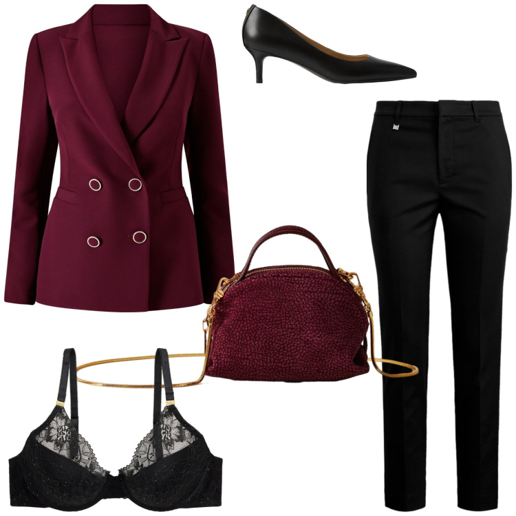 Outfit donna - Spezzato must have in ufficio. Stile Glamour per Ufficio. Abbinamento con blazer, borse a mano, pantaloni, reggiseni, décolleté.
