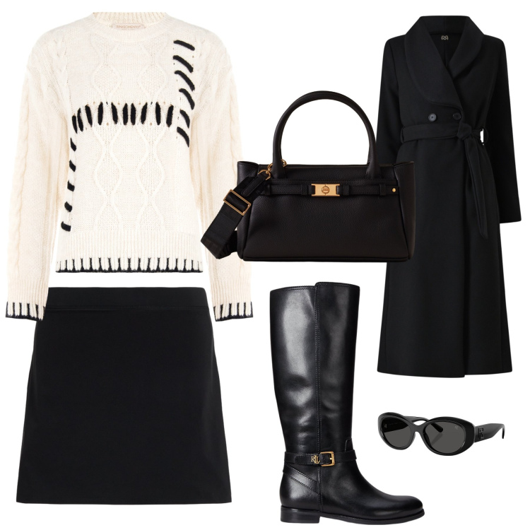 Outfit donna - Total look #2281322. Stile Trendy per Tutti i giorni. Abbinamento con cappotti, maglieria, borse a mano, occhiali da sole, minigonne, stivali.