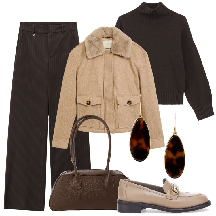 Outfit donna - Gessato moro urbano. Stile Urban per Tutti i giorni. Abbinamento con piumini, maglieria, pantaloni a palazzo, borse a mano, orecchini, mocassini.