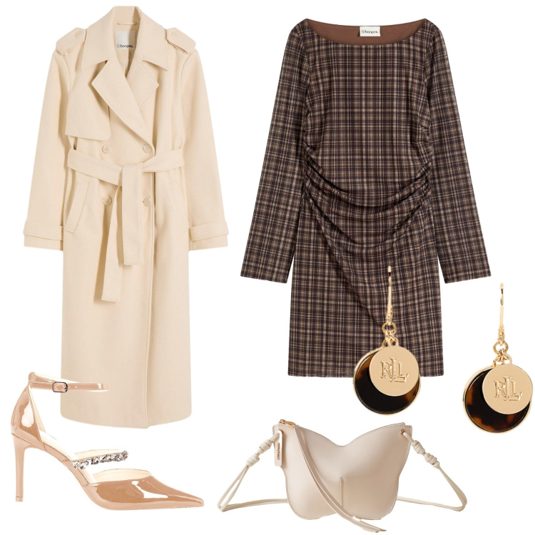 Outfit donna - A teatro. Stile Vintage retrò per Serata fuori. look ideale per Petite. Abbinamento con trench, vestiti, décolleté, borse a tracolla, orecchini.