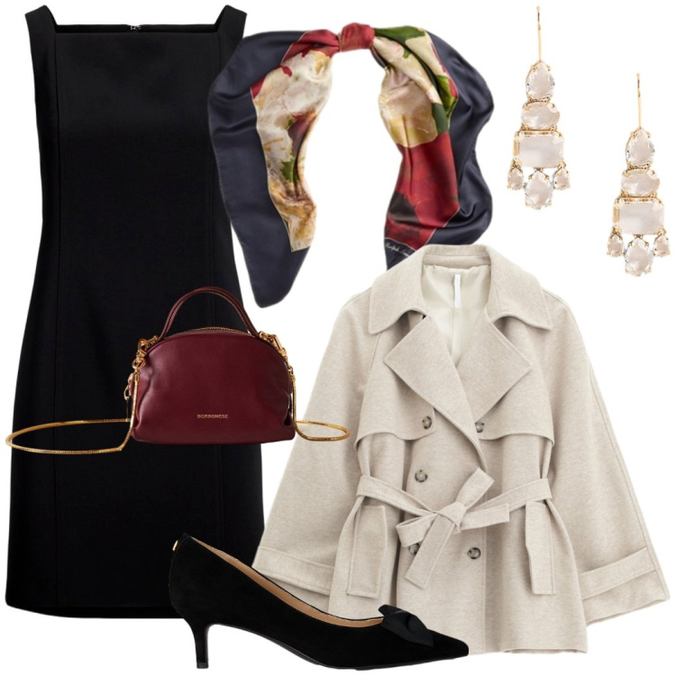 Outfit donna - Foulard e tubino nero. Stile Chic per Serata fuori. Abbinamento con trench, borse a mano, vestiti senza maniche, décolleté, orecchini, foulard.