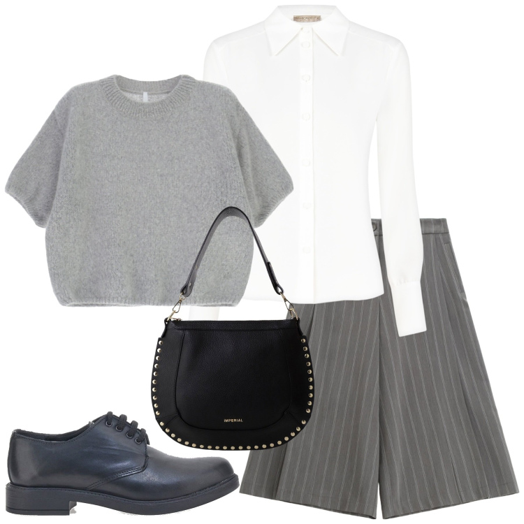 Outfit donna - Lines of Style. Stile Mannish per Serata fuori. Abbinamento con camicie, pantaloni, maglieria, borse a spalla, scarpe stringate.