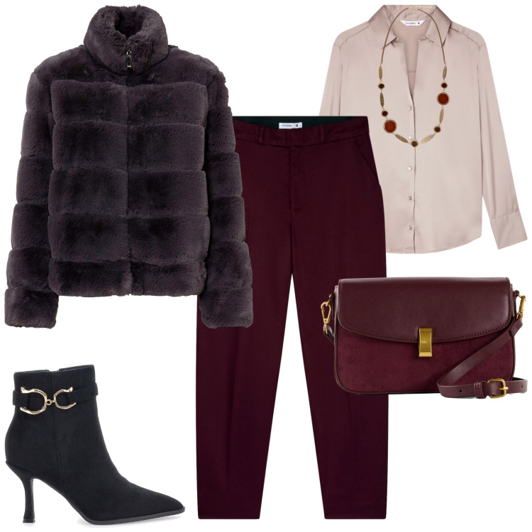 Outfit donna - In città. Stile Urban per Tutti i giorni. Abbinamento con ecopellicce, borse a mano, camicie, pantaloni chino, stivaletti, collane.