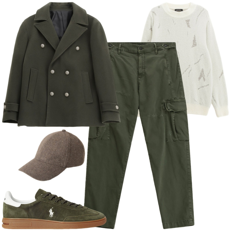 Outfit uomo - Novembre. Stile Casual per Tutti i giorni. Abbinamento con cappotti, maglieria, pantaloni cargo, sneakers, cappelli.