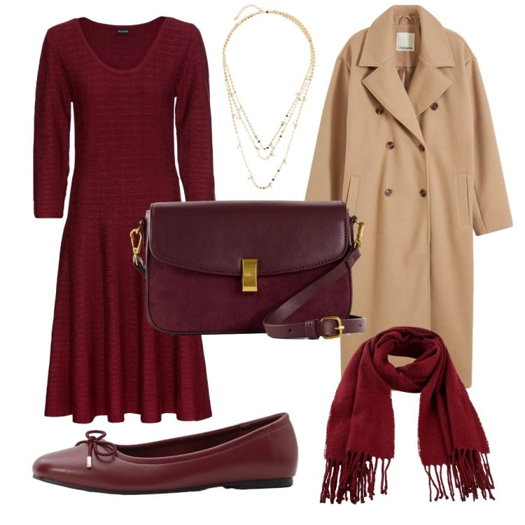 Outfit donna - Beige & bordeaux. Stile Bon Ton per Ufficio. Abbinamento con vestiti, sciarpe, borse a mano, cappotti, ballerine, collane.