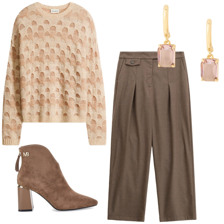 Outfit donna - Total look #2281382. Stile Minimal per Ufficio. Abbinamento con maglieria, pantaloni, orecchini, stivaletti.