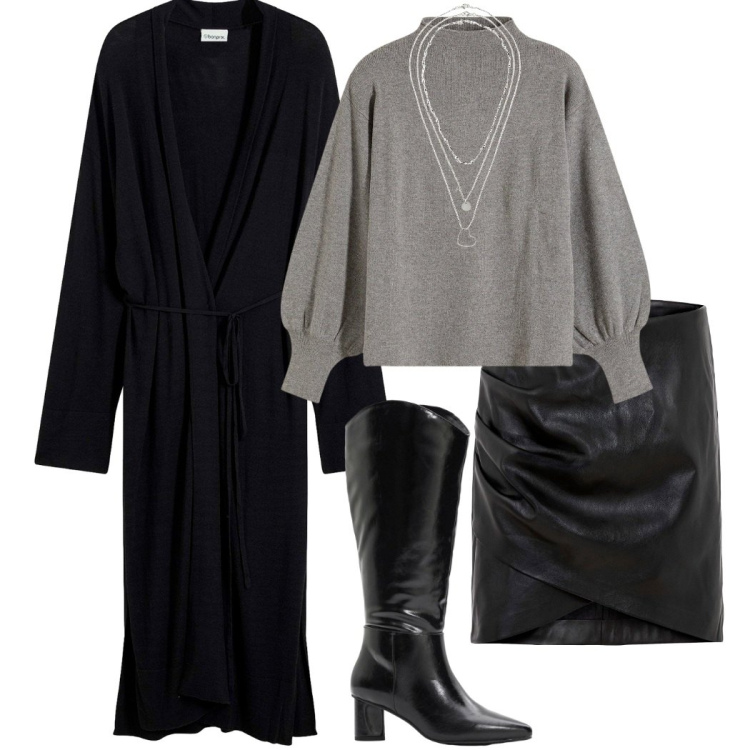 Outfit donna - Singles \'day. Stile Casual chic per Serata fuori. Abbinamento con maglieria, stivali, cappotti, minigonne, collane.