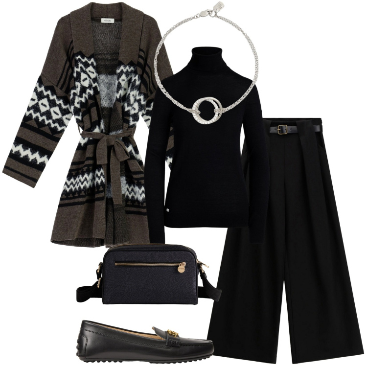 Outfit donna - City. Stile Casual chic per Tutti i giorni. Abbinamento con borse a tracolla, cappotti, pantaloni a palazzo, maglieria, braccialetti, mocassini.