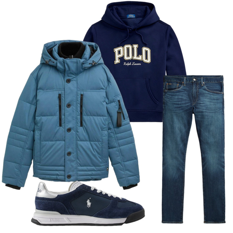 Outfit uomo - Total look #2281391. Stile Casual per Tutti i giorni. Abbinamento con piumini, sneakers, jeans, felpe con cappuccio.