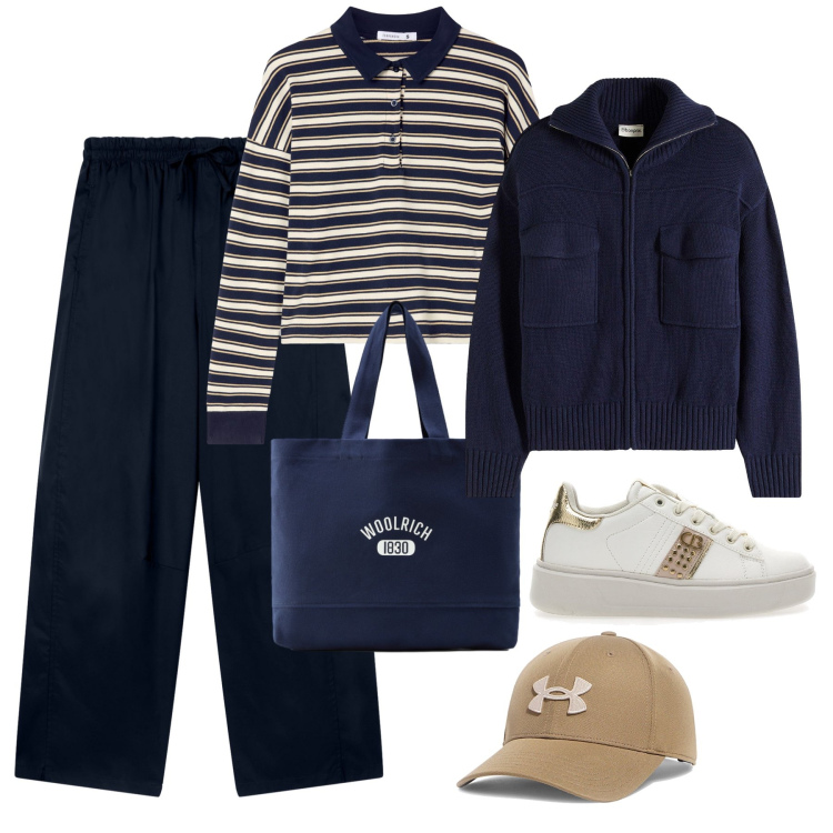 Outfit donna - Sabato mattina. Stile Casual per Tutti i giorni. Abbinamento con cardigans, pantaloni, polo, borse tote, sneakers, cappelli.