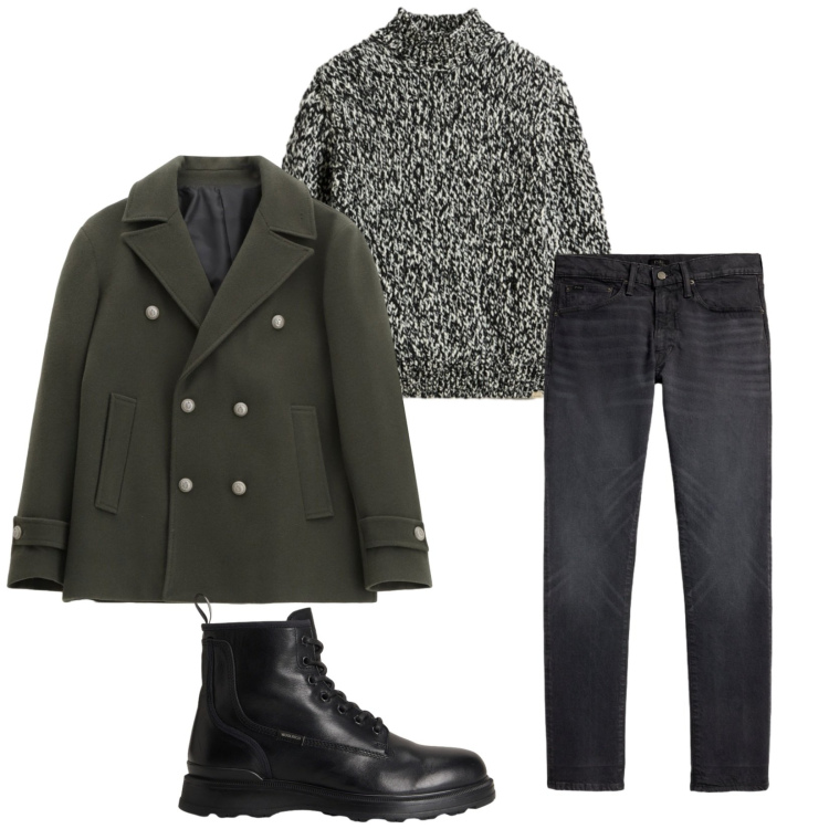 Outfit uomo - Total look #2281399. Stile Urban per Tutti i giorni. Abbinamento con cappotti, jeans, maglieria, anfibi.