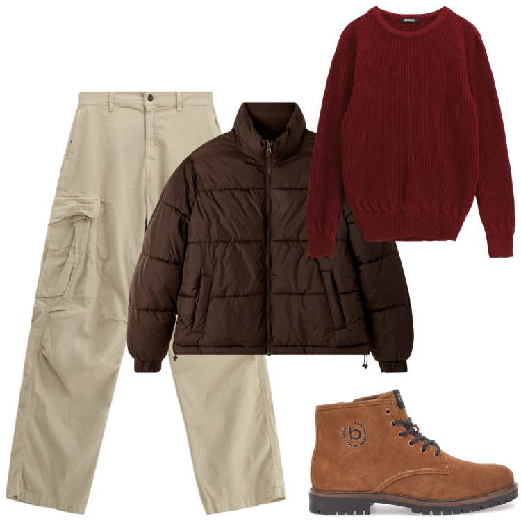 Outfit uomo - Total look #2281401. Stile Casual per Tutti i giorni. Abbinamento con bomber, maglieria, pantaloni cargo, stivali e stivaletti.