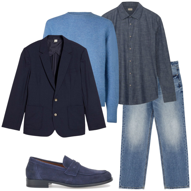 Outfit uomo - Total look #2281406. Stile Casual per Ufficio. Abbinamento con giacche, jeans, scarpe stringate, camicie, maglieria.
