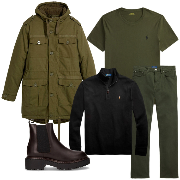 Outfit uomo - Total look #2281408. Stile Trendy per Tutti i giorni. Abbinamento con parka, pullovers, t-shirt, pantaloni, stivali e stivaletti.