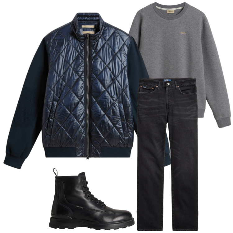 Outfit uomo - Total look #2281414. Stile Trendy per Tutti i giorni. Abbinamento con jeans dritti, anfibi, giacche, felpe.