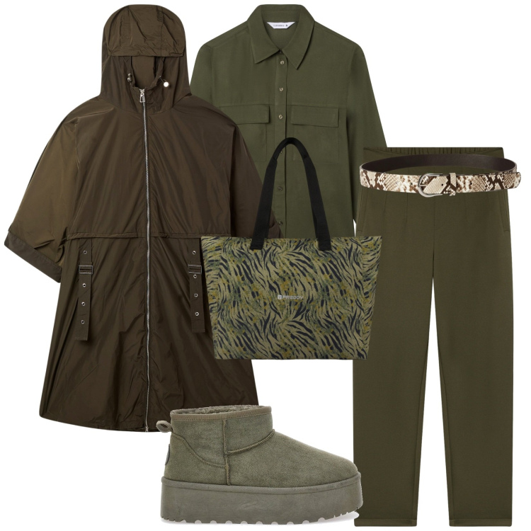 Outfit donna - Total look #2281416. Stile Chic per Tutti i giorni. Abbinamento con trench, camicie, pantaloni chino, cinture, shopping bag, stivaletti.