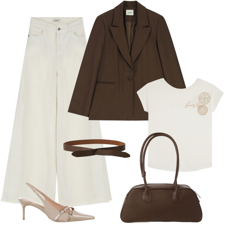 Outfit donna - Style 4. Stile Casual chic per Ufficio. Abbinamento con décolleté, t-shirt, pantaloni, cinture, blazer, borse a mano.