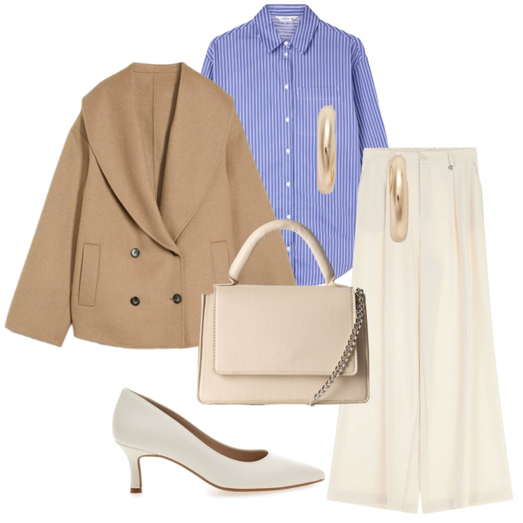 Outfit donna - Total look #2281425. Stile Casual chic per Ufficio. Abbinamento con blazer, camicie, borse a tracolla, pantaloni a palazzo, orecchini, décolleté.