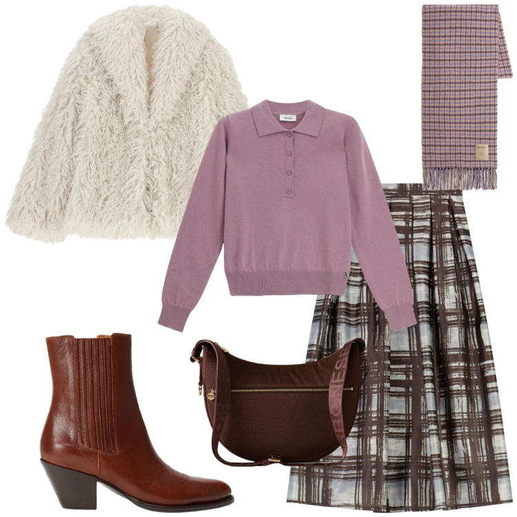 Outfit donna - Total look #2281430. Stile Chic per Tutti i giorni. Abbinamento con ecopellicce, borse a spalla, gonne lunghe, pullovers, stivaletti texani, sciarpe.