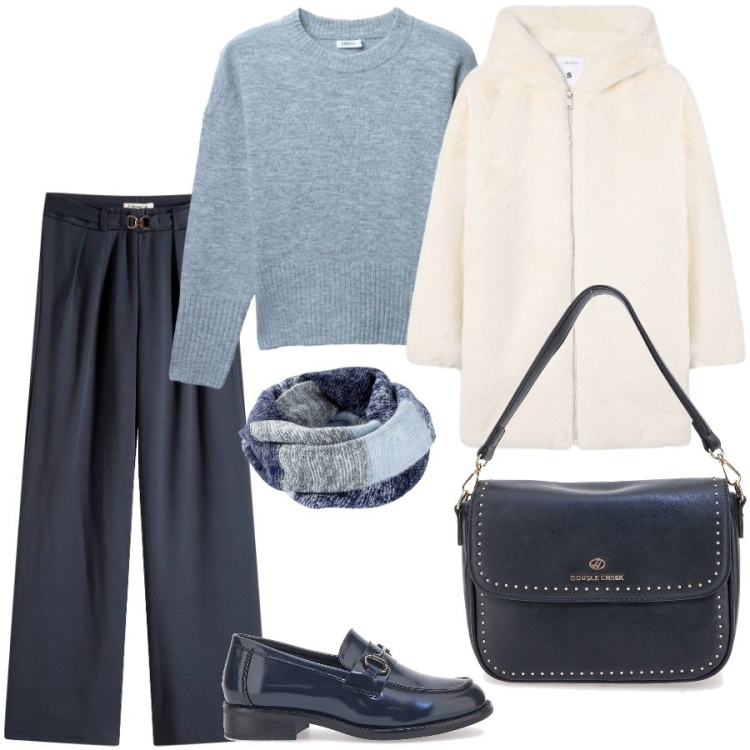 Outfit donna - Inizia il freddo. Stile Casual chic per Ufficio. Abbinamento con foulard, pantaloni, cappotti, maglieria, mocassini, borse a tracolla.