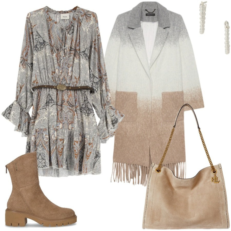 Outfit donna - Un cappotto con tre colori neutri. Stile Casual chic per Serata fuori. Abbinamento con vestiti corti, orecchini, borse tote, stivaletti, cappotti.