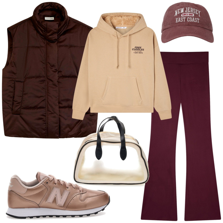 Outfit donna - Sportiva ma stilosa. Stile Sporty chic per Tutti i giorni. Abbinamento con piumini, leggings, felpe con cappuccio, cappelli con visiera, sneakers, borse sportive.