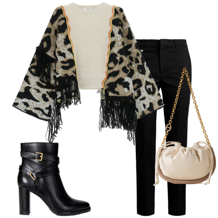 Outfit donna - Maglia con frange. Stile Casual chic per Serata fuori. Abbinamento con cardigans, borse a spalla, pantaloni, stivaletti.