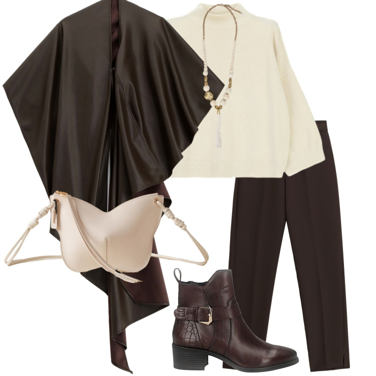 Outfit donna - Mantella a novembre. Stile Casual chic per Tutti i giorni. Abbinamento con pantaloni, maglieria, cappe, borse a tracolla, stivaletti, ciondoli.