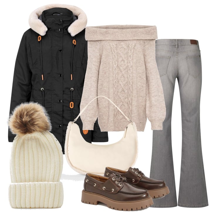 Outfit femme - Novembre. Style Casual pour Tous les jours. Assortir avec manteaux, jean bootcut, sacs à main, pulls, mocassins, bonnets.