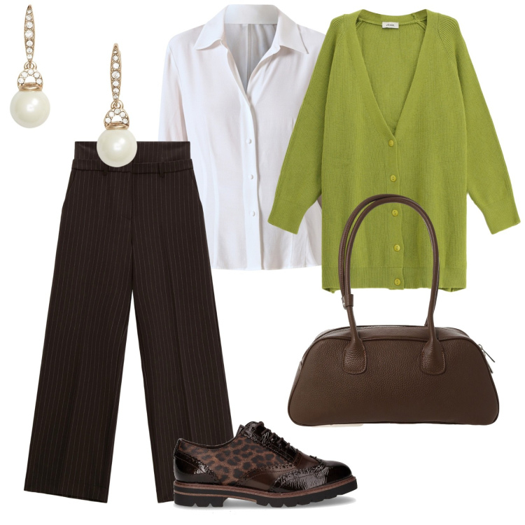 Outfit donna - Lines of style. per Tutti i giorni. Abbinamento con camicie, pantaloni, cardigans, borse a mano, orecchini, scarpe stringate.